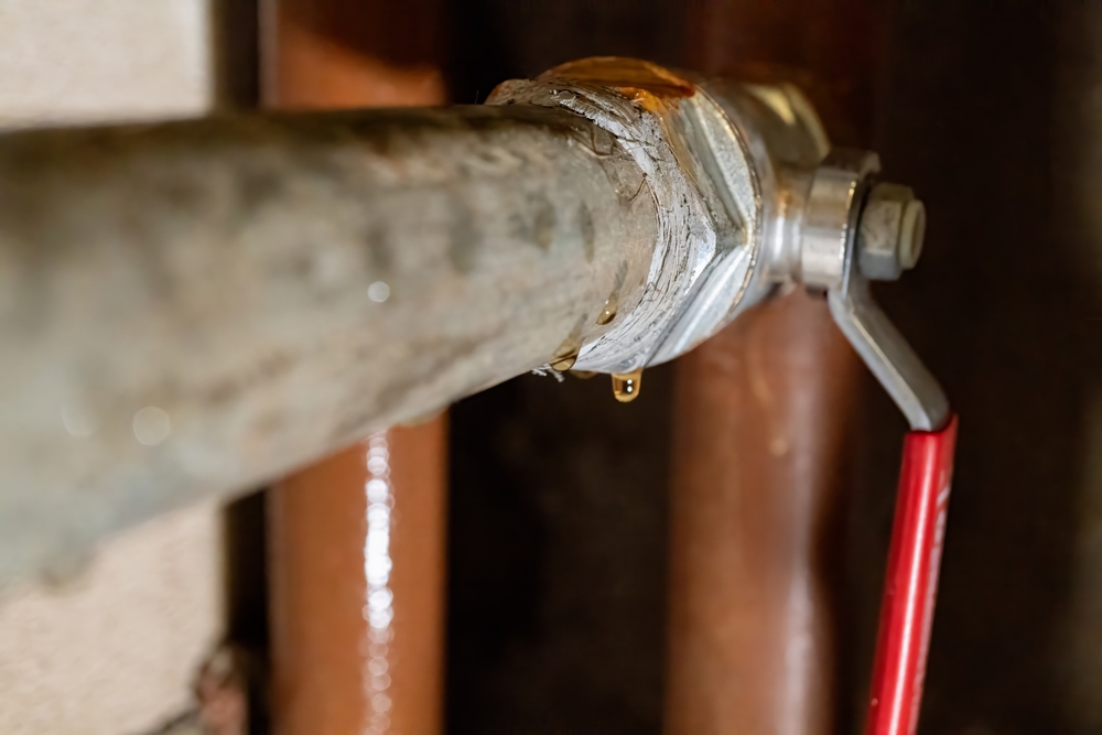 A copper water line leaking behind a drywall panel