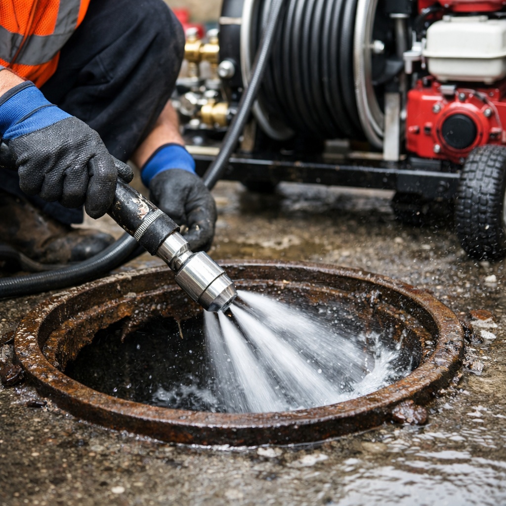 A technician operating a high pressure water hose inside a pipe