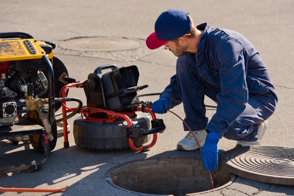plumber cleaning sewer line through manhole